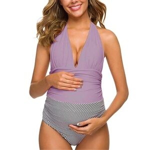 Cupshe Style Maternity Halter Tie One Piece Swimsuit Sz M lavender/Black Stripe